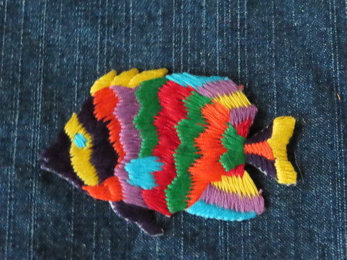 Marine Fish Multicolor Striped Applique Iron on
Fully Embroidered
Measures 3" long  x 2 1/8" high approximately