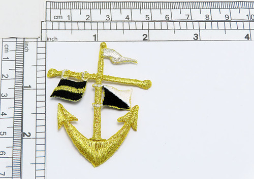 Anchor Metallic Gold with Black & White Flags
Fully Embroidered 
Measures 2" across x 2 5/8" high