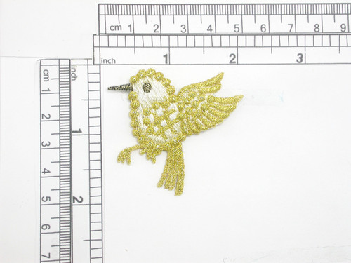 Wren Bird Patch Embroidered Iron On Applique Metallic
Fully Embroidered in White Rayon and Metallic Gold threads
Measures 1 7/8" across x 1 7/8" high
