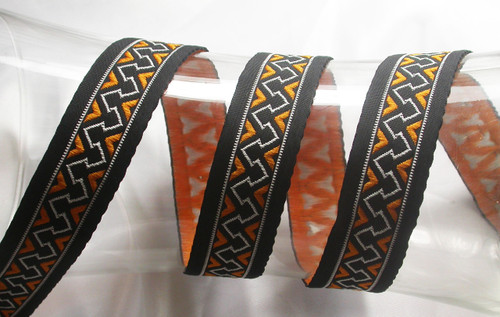 Jacquard Ribbon 1" Black White & Orange Geometric 5 Yards