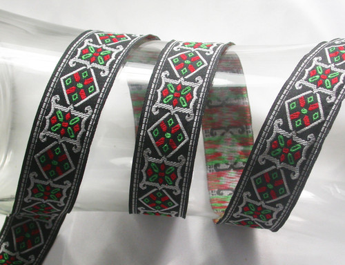 Jacquard Ribbon 1" Black White Red & Green Geometric 5 Yards