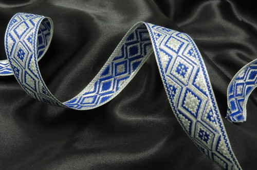 Jacquard Ribbon 7/8" (22mm) Diamonds Blue & Silver Metallic Per Yard