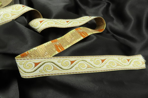 Jacquard Ribbon 1 1/8" Beige Met Gold Medieval Style Per Yard