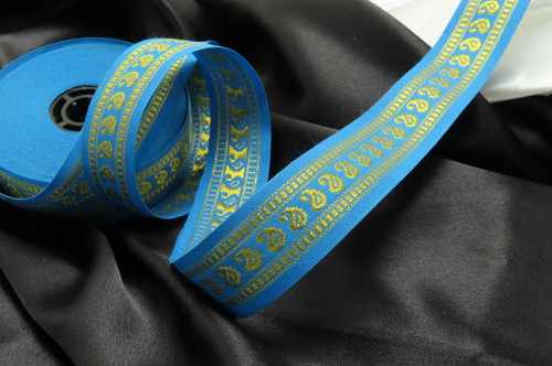 Jacquard Ribbon 1" Turquoise & Gold 5 Yards