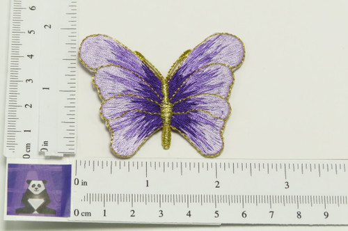 Iron On Patch Applique - Graduating Color Butterfly Lilac
Fully embroidered in rayon threads with Metallic Gold detailing

Measures 2 1/2" across x 1 7/8" high approximately