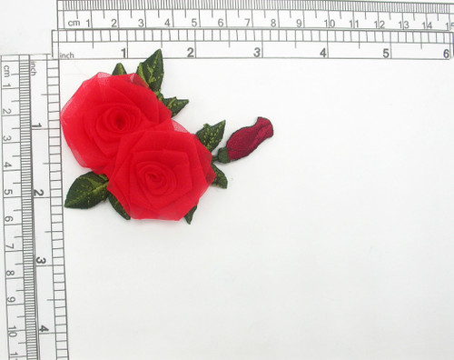Red Rose Tulle Embroidered Iron on Applique 3 1/4' x  2 1/2"