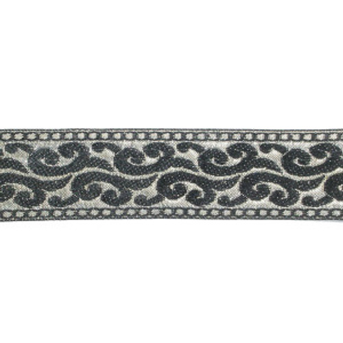 Jacquard Ribbon 1 9/16" (40mm) Black & Metallic Silver Swirl Priced Per Yard
