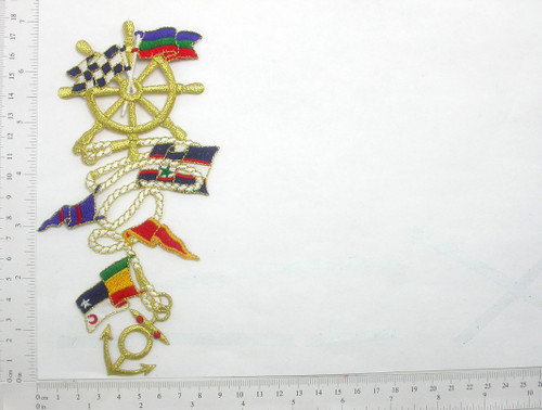 Nautical Patch Ship Wheel and Flags Embroidered Iron on Applique 6 7/8" x 2 3/4"