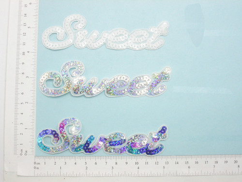 Sequin Word SWEET Iron On Patch Applique 1 3/8" X 5 1/8"

Fully Sequined on Sheer Backing with Embroidered Border 

Measures 1 3/8" high x 5 1/8" wide approximately