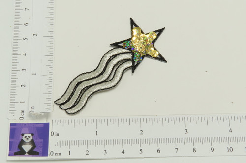 Gold Sequin Shooting Star Iron on Applique 6 Pack

Embroidered on Sequin Backing with Metallic and Rayon Threads

Measures 3" high x 1 1/4' wide approximately