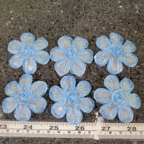 6 x Blue Organza Ribbon Flowers 2" 50mm
