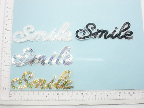 Smile Sequin Word Patch Iron On Applique   1 1/2" x 5"
