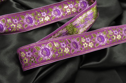 Jacquard Ribbon 1 7/8" 48mm Purple Floral Metallic Per Yard