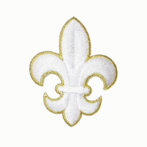 Fleur De Lys 2 1/2" White Gold Rim Iron on Applique