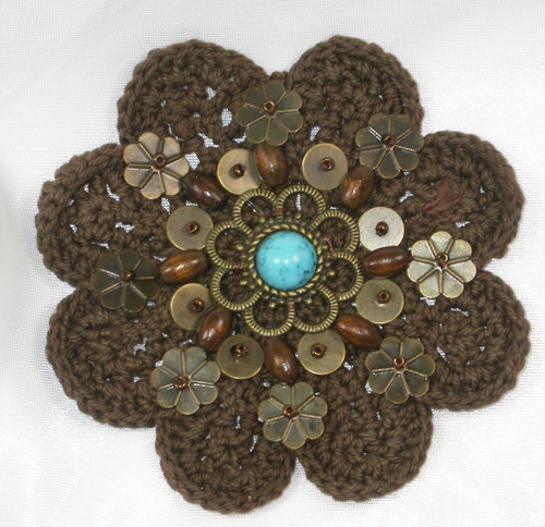 Sew On Crochet Applique Beaded Brown 3 1/8"