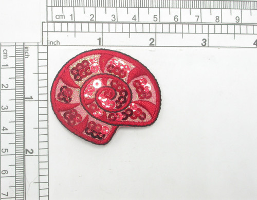 Shell Fish Sequin Holographic RED Iron On Patch Applique 

Embroidered on a Holographic Backing and detailed with Sequins

Measures 2" across x 1 7/8" high