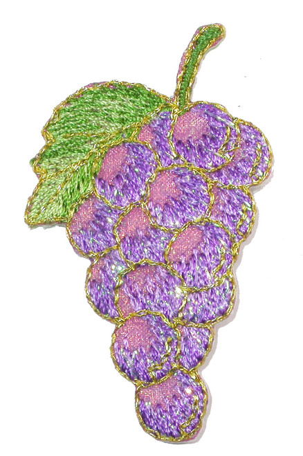 Bunch of Grapes Iron On Embroidered Applique
 Embroidered on a shimmering effect backing with Metallic Opalescent and Rayon Threads
 Measures 1 3/16" across x 2 1/8" high approximately