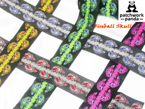 Jacquard Ribbon 2" (50mm) Fireball Skull Priced Per yard