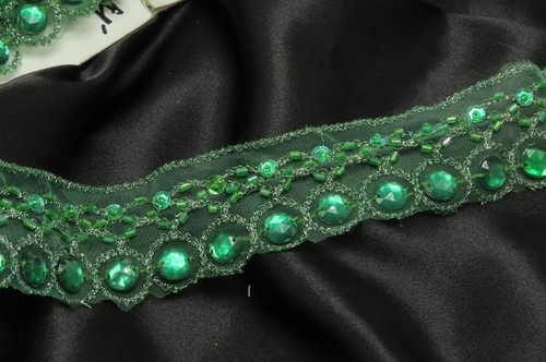 Sheer Embroidered 1 1/2" 38mm Beaded Green 12 Yards