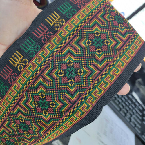 Jacquard Ribbon 4 7/8" Red Gold & Green African Sun per Yard