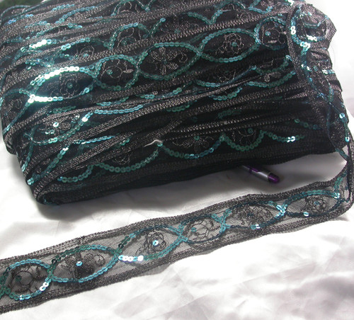 Sheer Embroidered 1 7/8" Black Silver & Blue Sequins