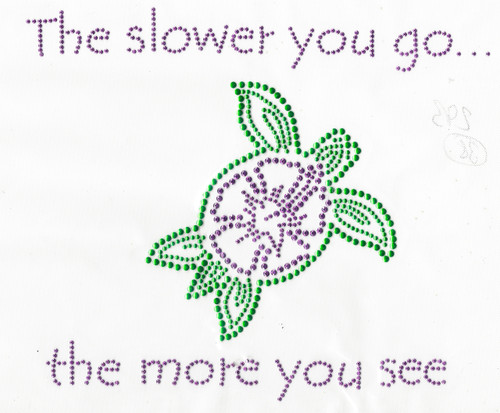 Turtle Stud Applique Iron On

 Colors - green purple 

 Measures 8 1/2" wide x 7 1/4" high  (216mm x 184mm)

 

 Iron On or Heat Transfer

 

 Item Pic is Scanned for accuracy, the studs and stones are much more vibrant to naked eye