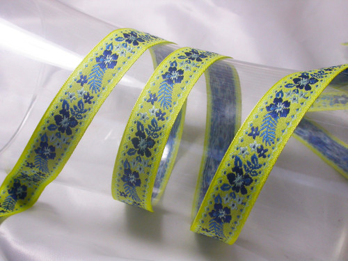 Jacquard Ribbon 3/4 " (20mm) Lemon With Blue Flowers priced Per Yard