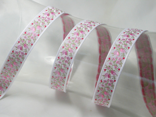 Jacquard Ribbon 11/16 " (18mm) Pink Flower on White priced Per Yard