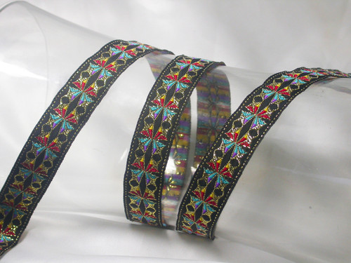 Jacquard Ribbon 11/16 " (18mm) Multicolor on Black priced Per Yard