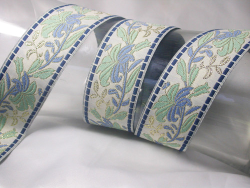 Jacquard Ribbon 1 7/16" (37mm) Off White Blue & Sage Floral Per Yard