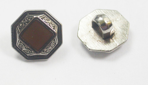 Button 1/2" (13mm) Octagonal Aged Silver with Brown Accent  - Per Piece