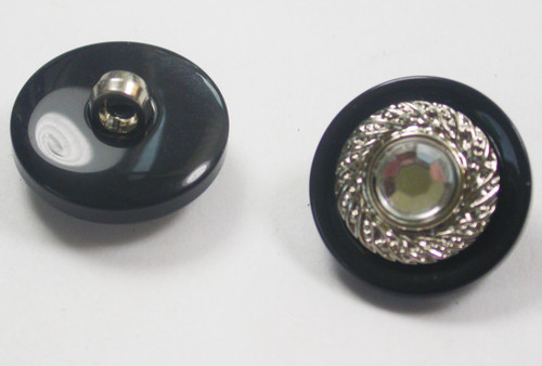 Button 11/16" (17.4mm) Black & Silver with Gem Accent  - Per Piece