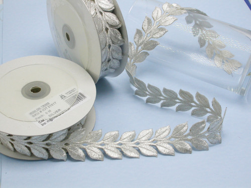 Embroidered Border Laurel Leaves 38mm 1 1/2" Silver 9 meter roll Iron on