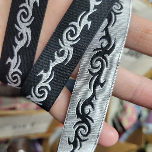 Jacquard Ribbon - Tribal Black & Poly Silver  3/4" (20mm) 5 yards