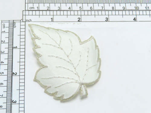 Leaf White & Silver Iron On Applique
 Embroidered Border and vein detail on a white backing Measures 3 1/4" across x 2 5/8" high