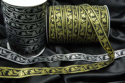 Jacquard Ribbon 7/8" 22mm Metallic Vine on Black 10 yards