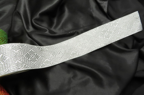Wide Jacquard Ribbon 2 5/8" Metallic silver Detailed Diamond  Per Yard
