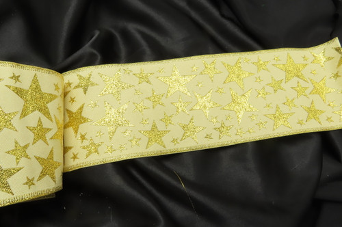 Jacquard Ribbon 4" Metallic Gold Stars on Ivory Per Yard