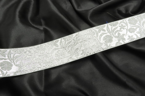 Jacquard Ribbon 2 1/2" Florian Silver Per Yard