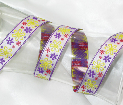 Jacquard Ribbon 1" (25mm) Multi Flowers Per Yard Purple