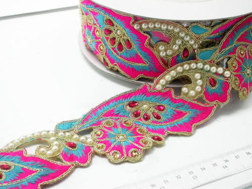 Sari Border 2 1/2" (63mm) Fancy Beaded Saree Floral Embroidered