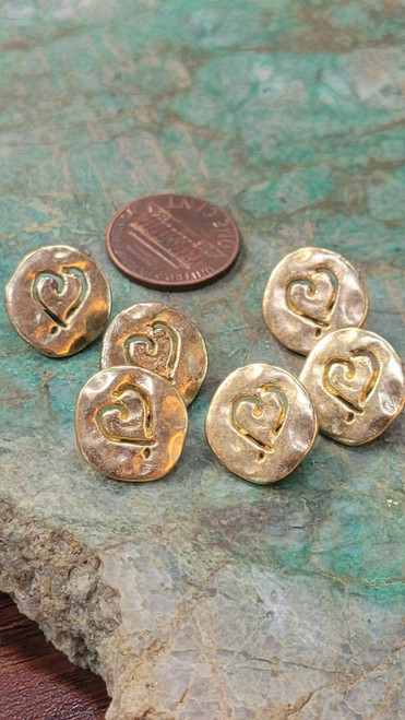 Vintage Brass Metal Heart Shank Buttons 14.2mm 6 Pack