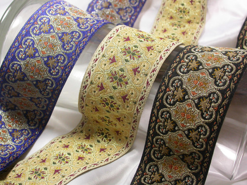 Jacquard Ribbon 2" Metallic Gold Fancy *Colors* per yard