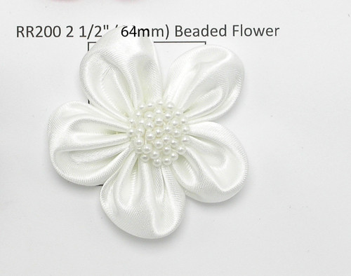 White Satin Ribbon Beaded Flower 2 1/2" (63.5mm) Per Piece
