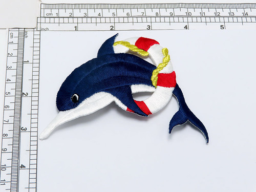 Life Saver Dolphin Patch Iron On Embroidered Applique 4.25" X 4"