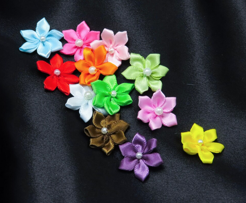 Beaded Ribbon Flowers  - 3/4" (19mm)  with Central Faux Pearl  Pack 10