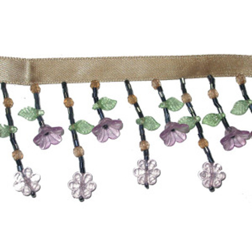 Beaded Fringe 2" Drop Lavender Green Tan Floral