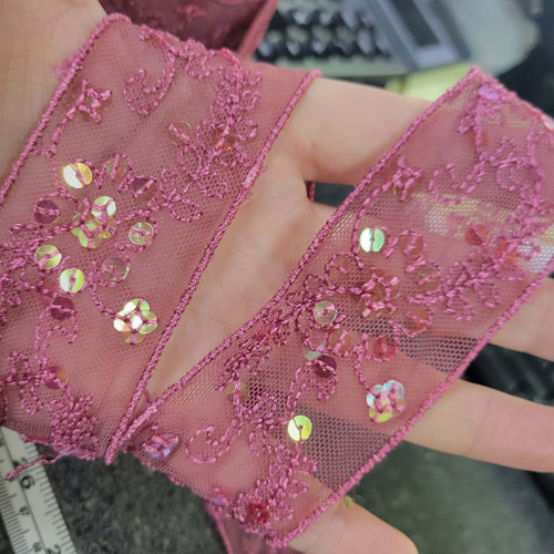 Sheer 1 3/4" Fuschia Embroidered & Beaded 5 yards