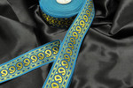 Jacquard Ribbon 1 3/4" 44mm Metallic Gold Paisley Turquoise