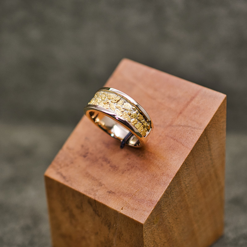 14K Yellow Gold Large Tapered Band with Local Natural  Placer Gold Inlay